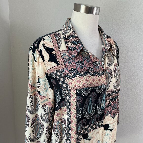 Rose + Olive Womens Plus 1X Boho Patterned Blouse 3/4 Sleeve Button Up Shirt Top - Picture 2 of 11